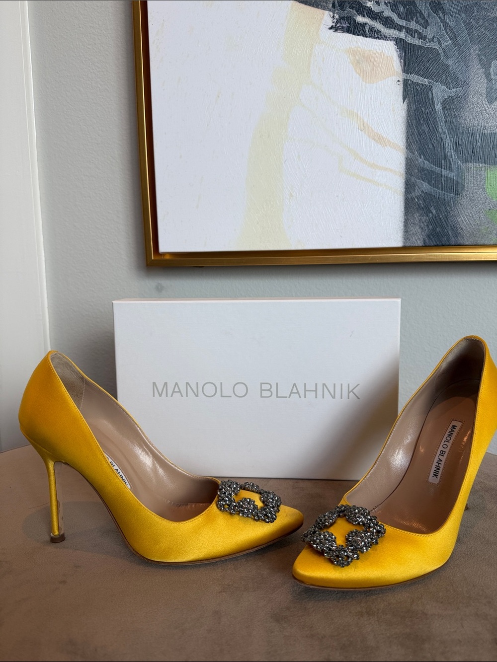 Manolo Blahnik Yellow Crystal Buckle Satin Pumps